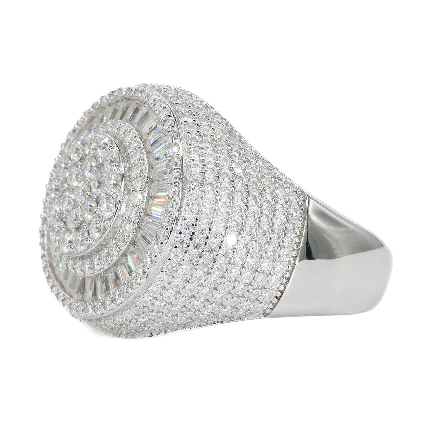 Fully Iced Baguette Round Face VVS Moissanite Diamond Ring