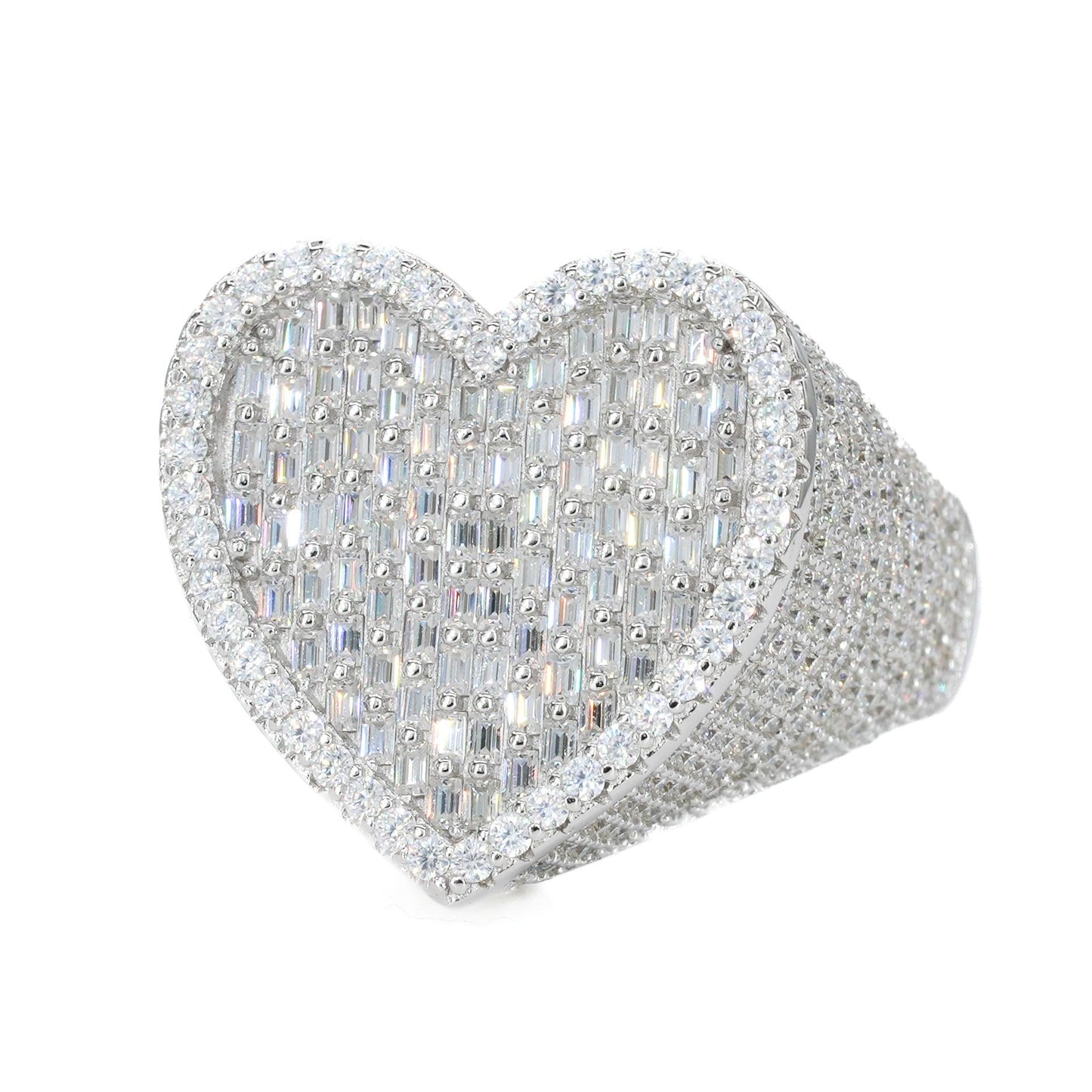 Iced Out Baguette Heart VVS Moissanite Diamond Ring