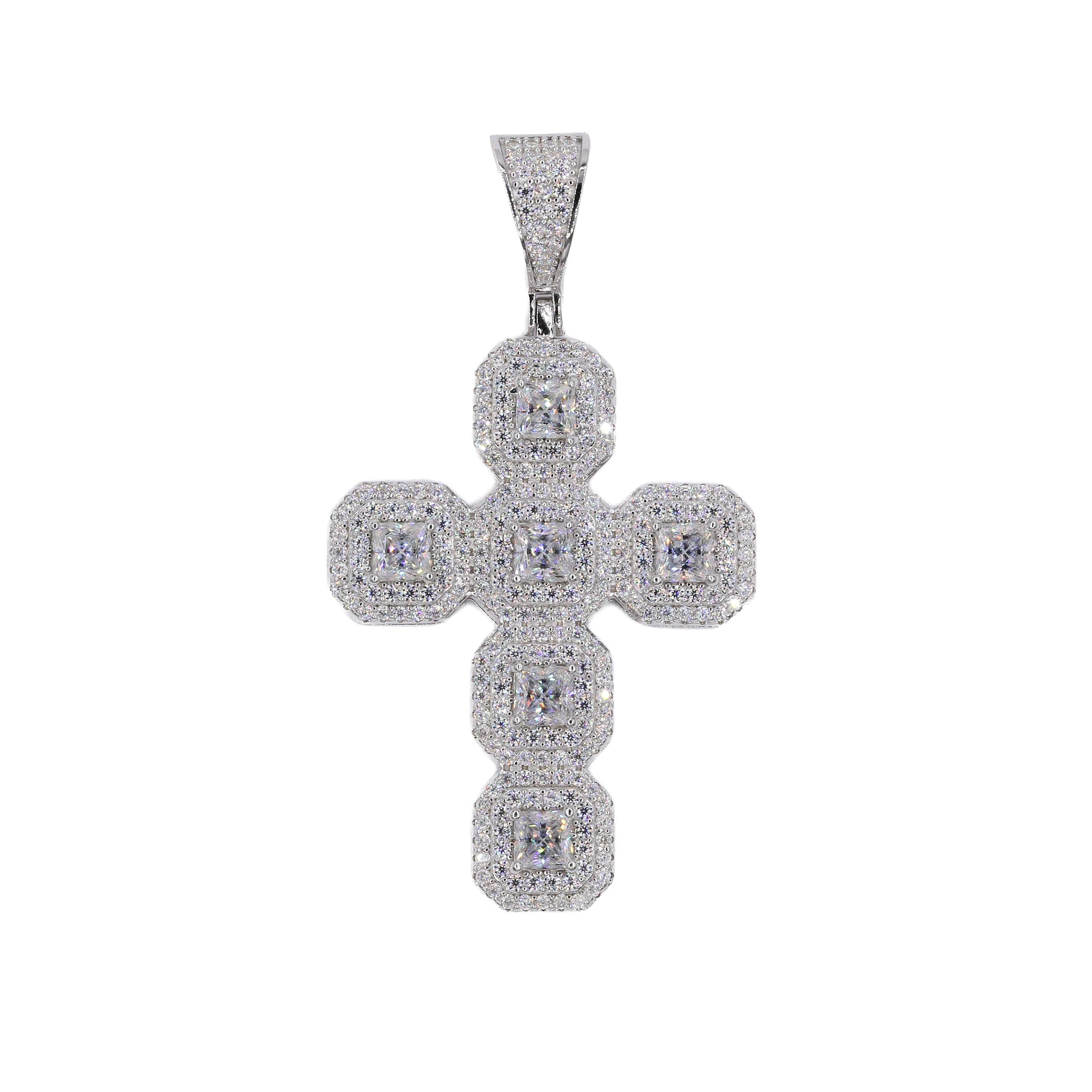 Princess Cut & Baguette Iced Cross VVS Moissanite Pendant